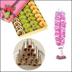 "Kaju Anjeer Roll,Assorted sweets, Special rose garland - Click here to View more details about this Product